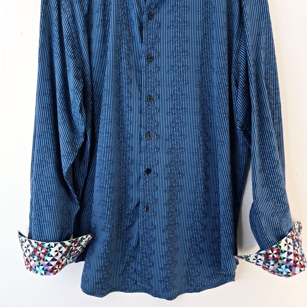 Robert Graham Mens XL Blue‎ Striped Dress Shirt Geometric Cuff Trim Silk Blend - Picture 14 of 15